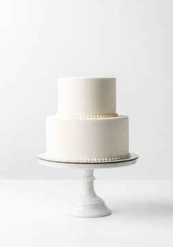 Sophisticated double tier white cake on a pedestal stand featuring clean lines and a smooth finish, ideal for luxury event design mockups, minimalist, bright, simple