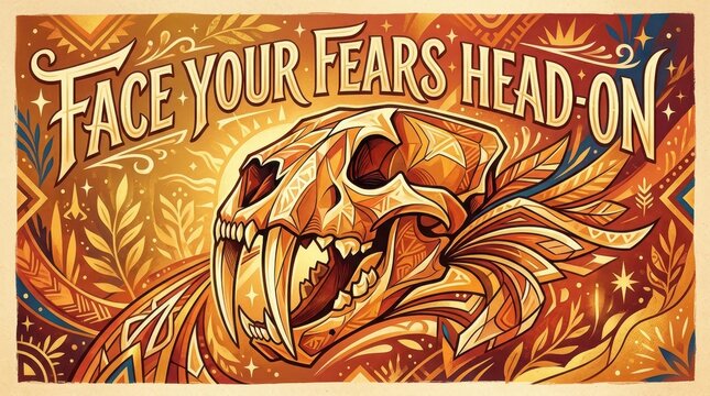 Motivational illustration with the text "Face Your Fears Head-On" over a stylized saber-toothed cat skull and decorative elements.