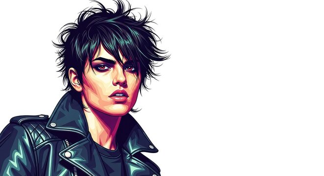 Stylized illustration of a defiant subject with messy hair and leather textures, showcasing a bold gaze and an edgy urban aesthetic style, style, graphic, vector