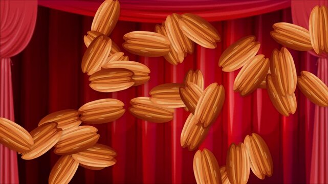 Pecan Nuts Falling Against a Red Theater Stage Curtain Background
