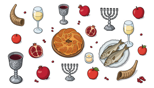 Rosh Hashanah traditional set with shofar round challah pomegranate apple fish wine goblet and menorah elements