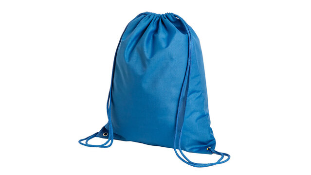 Blue fabric drawstring backpack bag sporty casual lightweight sack isolated mockup template