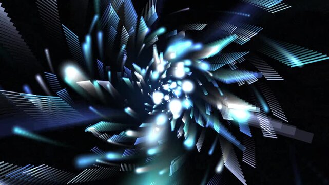 Abstract Blue and White Crystal Energy Formation with Rotating Glowing Geometric Shapes