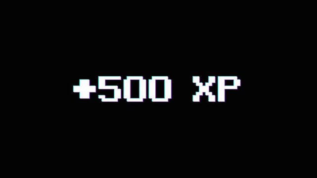 Retro pixel art plus 500 experience point text dissolving into particles. 4K Video