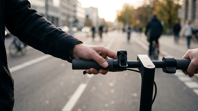 Person riding electric scooter on city street at sunset