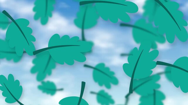 Playful Green Oak Leaves Falling Against a Bright Blue Sky