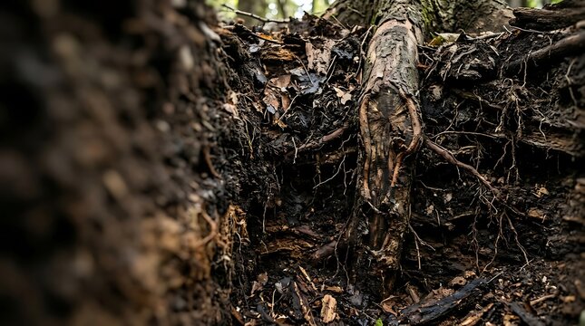 Gnarled tree roots growing in dark underground soil