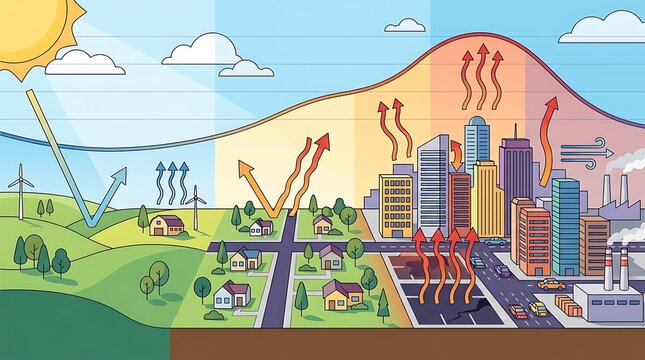 Urban heat island effect diagram showing temperature differences