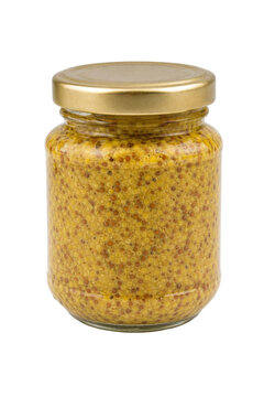 Full glass jar of whole grain mustard with a golden lid, isolated on a clean white background