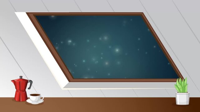 Animated Night Sky View Through Attic Window with Coffee and Plant