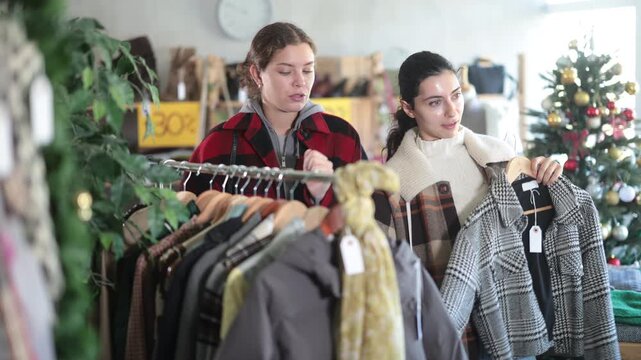 Two women stand in a store and choose outerwear, among jackets, coats and windbreakers against the background of a Christmas tree. Female friends buy stylish clothes on New Year sale . High quality 4k