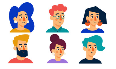 Fototapeta premium avatar Mobile Six Colorful People Avatar Portraits in Flat Vector Style on White Background