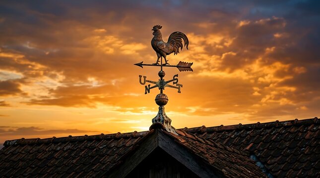 Rooster weathervane on a tiled rooftop during golden sunset