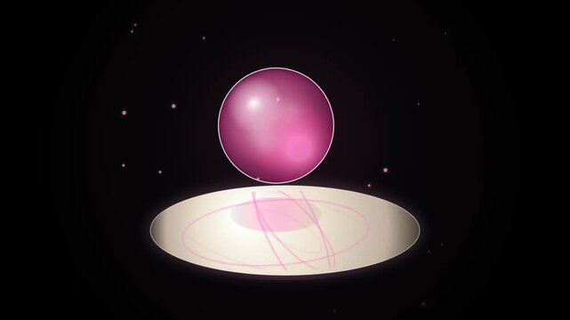 Glowing pink sphere floating above a reflective circular platform