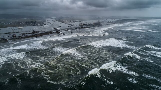 Violent storm waves sweeping across a rocky coastline under dark clouds, with white foam, sea spray, and turbulent water creating a dramatic seascape.