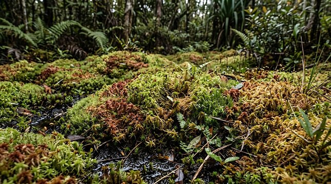 Lush green moss and ferns growing on a damp forest floor