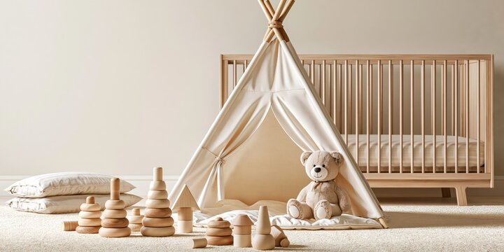 Child's natural wooden nursery with crib and teepee tent, featuring classic wooden stacking toys and a teddy bear