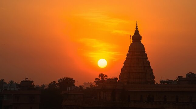 Majestic temple spire silhouetted at golden hour with warm sunset sky with spire silhouette framed