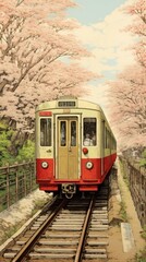 Obraz premium Traditional japanese subway train in spring vehicle railway plant.