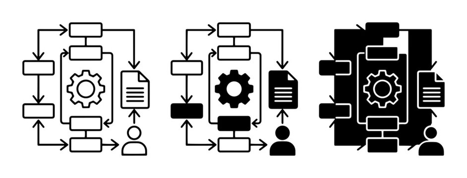 Workflow Process Icons, Business Process Flowcharts, System Operations Diagrams, 3 Variations, Vector Graphics
