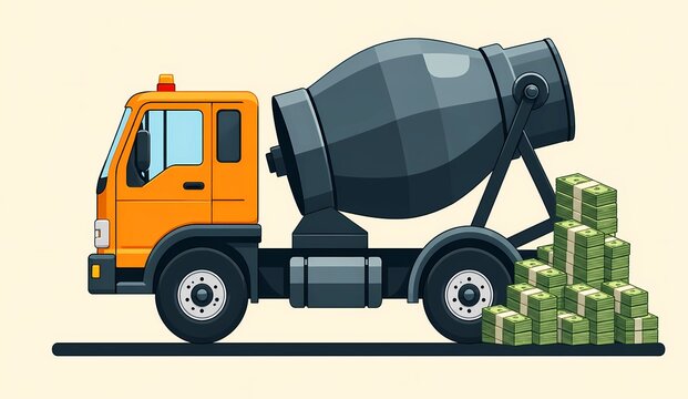 Yellow cement mixer truck with stack of money bills