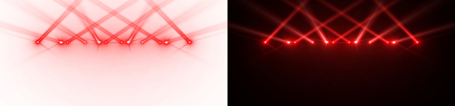 Red Spotlight beams lighting. Shine the light upwards inhorizontal. on transparent background.