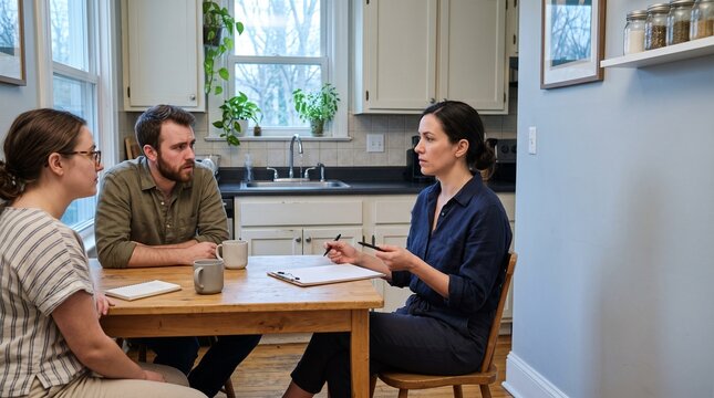 A renter chairs a serious meeting for a faucet drip