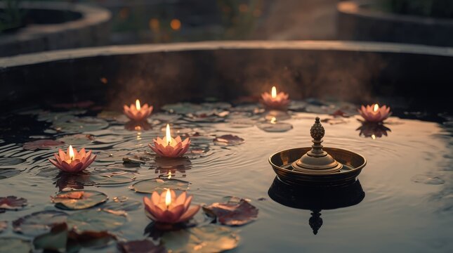 Floating lotus flower candles illuminating sacred water basin at golden hour with sereneatmosphere