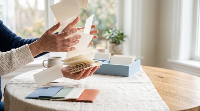 Hands catch falling RSVP cards at a spring breakfast nook