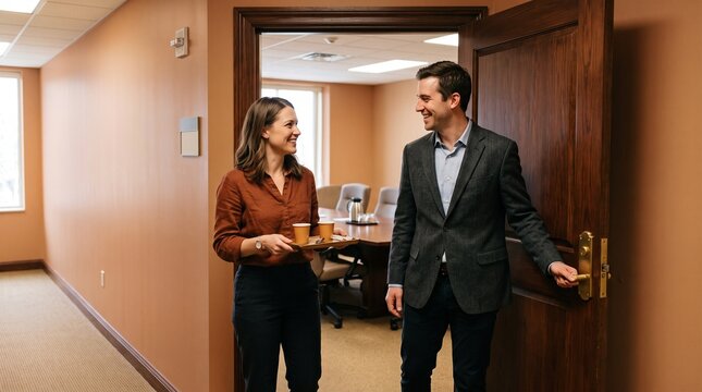 Coworkers leave the meeting with tiny autumn lattes