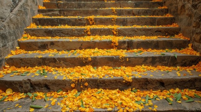 Ancient stone steps blanketed in bright yellow petals and green leaves along rustic wall