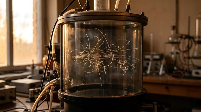Particle tracks glowing inside a scientific cloud chamber