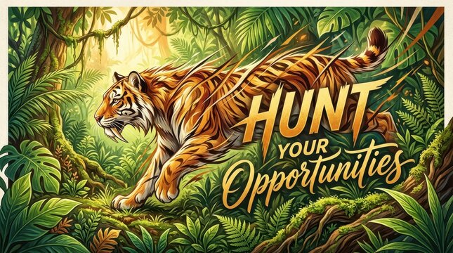 Powerful tiger in a lush jungle with the motivational text "Hunt Your Opportunities" conveying ambition and drive