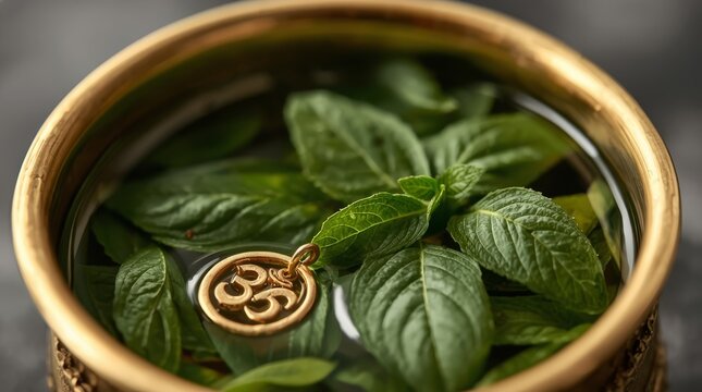 Fresh green basil leaves nestled in ornate brass container with intricate metal tag