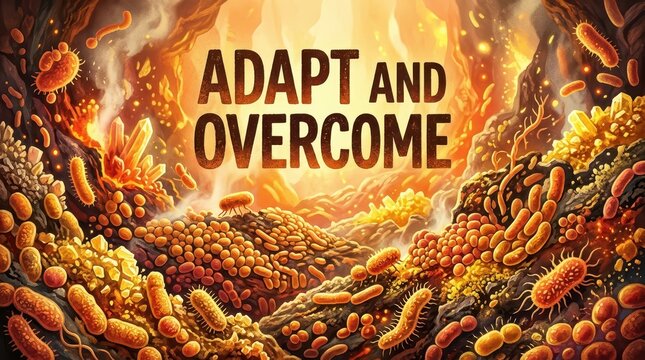 Microscopic World: Bacteria and Microbes Adapt and Overcome in a Hostile Environment with Fiery Tones