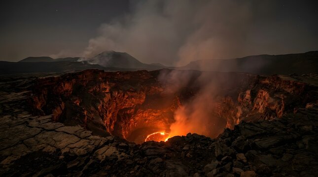 Volcanic crater glowing with intense orange lava beneath a thick dark smoke cloud, creating a dramatic close-up of extreme geological activity.
