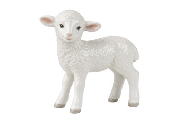 Obraz premium Adorable white porcelain lamb figurine with textured wool details and delicate pink ears, standing gracefully on a clean white background