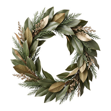 Elegant magnolia leaf Christmas wreath with bronze foliage and open oval composition, sophisticated contemporary seasonal decoration on transparent background