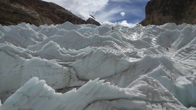 Aerial View of Hiker on Qudeng Nyima Glacier in Tibet