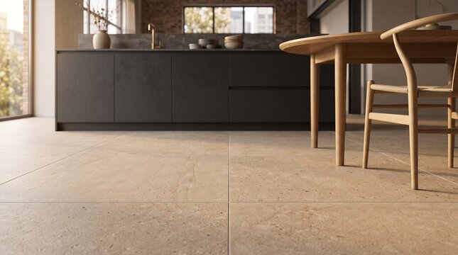 Low angle view of seamless kitchen to dining flooring