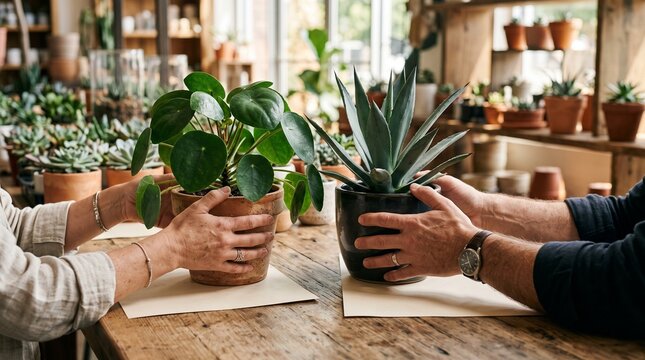Hands compare contrasting plants across cafe table