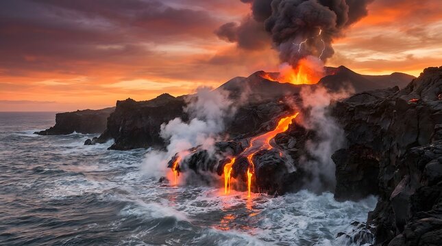 Explosive volcanic eruption sending glowing lava high into the air, surrounded by thick orange smoke and a dramatic mountainous horizon.