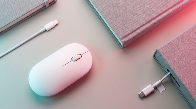 Modern white wireless mouse with charging cables and textured notebooks on a neutral desk surface computer mouse office desk workplace setup charging cable usb cable