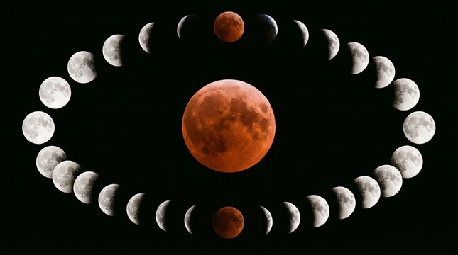 Complete Total Lunar Eclipse Phases Composite with Red Super Blood Moon Isolated on Black Background