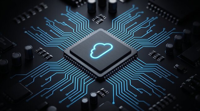 Cloud computing concept with glowing network circuits on dark processor chip server technology network circuit data storage digital infrastructure cyber security