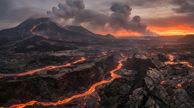 Huge volcanic eruption glowing intensely against a smoky sky, with lava fountains and fiery molten rock creating a dramatic disaster landscape.