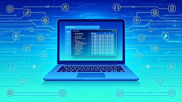 Laptop displaying code surrounded by tech icons and connection lines