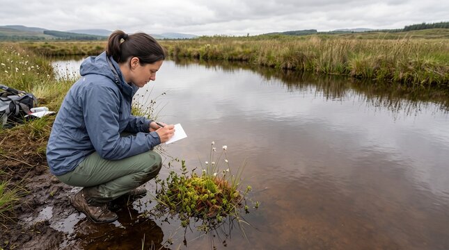 Ecologist checks water conditions in a peat bog