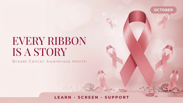 Pink breast cancer awareness month banner, satin ribbon with every ribbon is a story text, october health campaign background