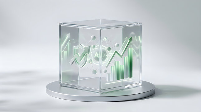 Transparent cube showcasing modern financial growth analytics with data visualization